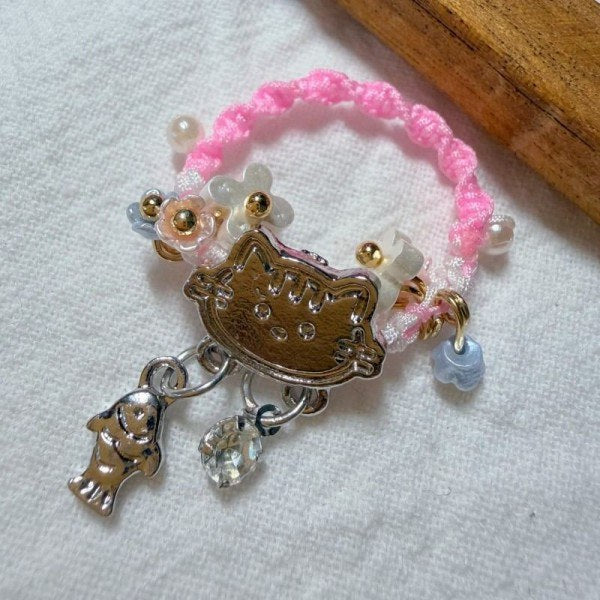 Pink Kitty Handmade Fiber Ring | Playful Woven Ring with Silver Charm